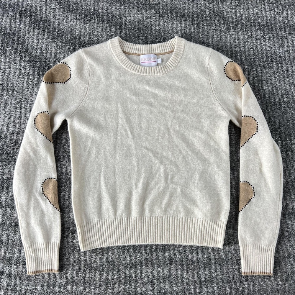 Brodie Cashmere Sweater Womens Small White 100% Cashmere Heart Sleeve Knit